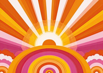 Vibrant stylized sunburst over concentric rings, clouds in pink, orange hues