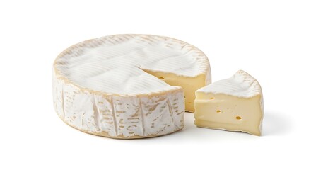French camembert cheese wheel with cut slice, creamy texture isolated on white background