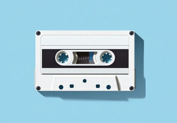 Obraz premium Overhead view of a white retro audio cassette on a light blue background, casting a shadow