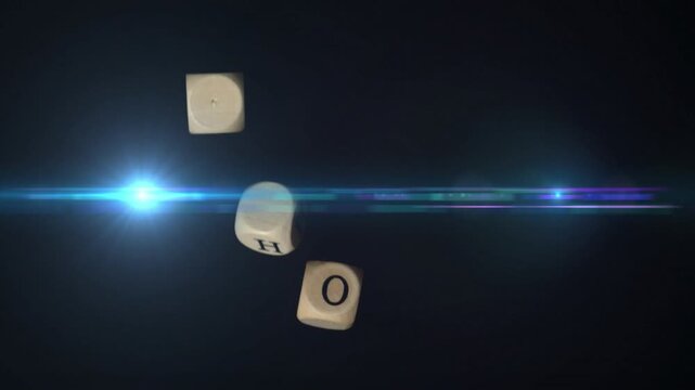 First cube drifting in, cubes rotating, tumbling across blue flare, colliding, forming WHO logo