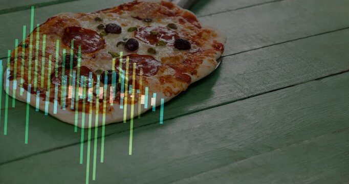 On start visualizer bars sliding, colorful and pulsing across green table as audio cue, pizza still