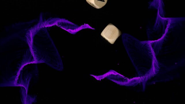 Ribbons unfurling from edges initiating cubes falling and rotating, revealing letter faces for logo