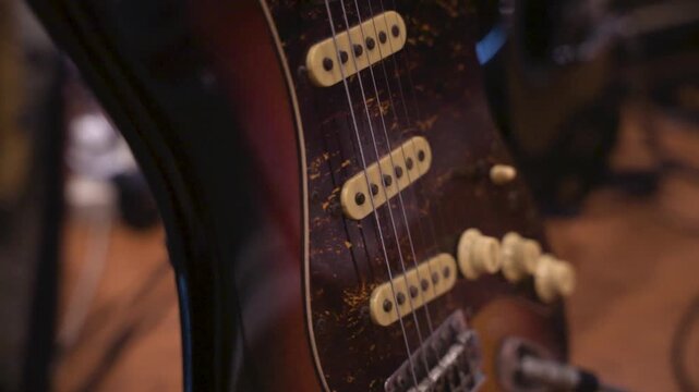 Close up of details electric body guitar