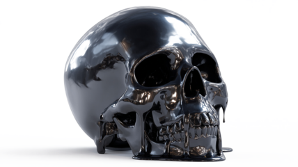 Half-melted black skull with liquid effect, isolated on white, realistic lighting, 169
