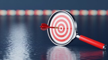 Red dart hitting bullseye on a target through a magnifying glass with a serene dark background and reflections symbolizing precise focus