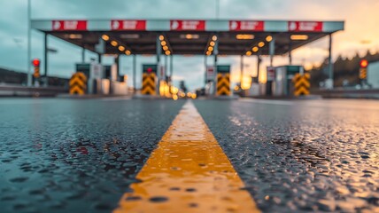 Low angle view of a wet road with a yellow dividing line leading to a blurred toll plaza during sunset, emphasizing depth and travel