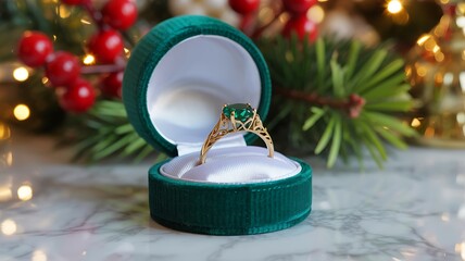 A sparkling emerald engagement ring rests in velvet box, surrounded by festive christmas decor with red berries and lush green pine needles, soft bokeh lights create magical holiday atmosphere