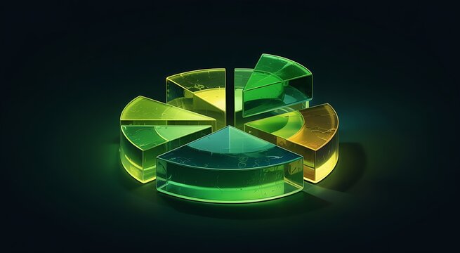 Abstract pie chart made of green and yellow translucent glass segments glowing brightly on dark background representing data analysis market share or financial distribution - Powered by Adobe