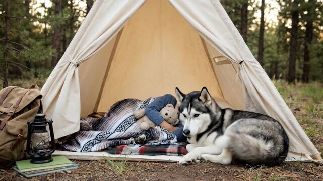Young boy sleeping soundly inside a canvas teepee tent with his husky dog, fostering childhood friendship and a love for nature during a serene outdoor camping trip