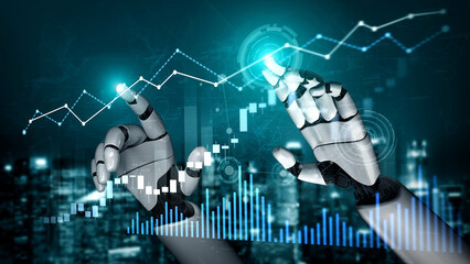 Robotic hands engage with digital graphs and charts in a futuristic setting, symbolizing advanced data analysis and financial growth in technology. Scalp