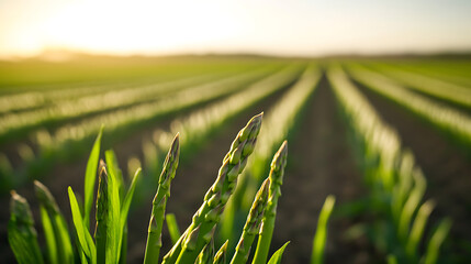 Verdant asparagus field at sunset, rows stretching to the horizon. Spears stand tall, capturing the warm sunlight. Fresh, nutritious produce in a tranquil, cultivated landscape.