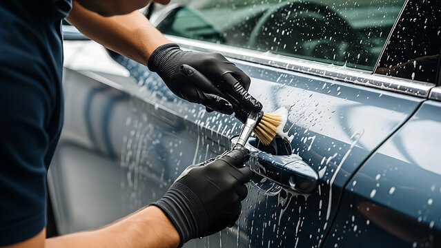 Detailing a modern blue car with a brush and cleaning solution for a spotless finish