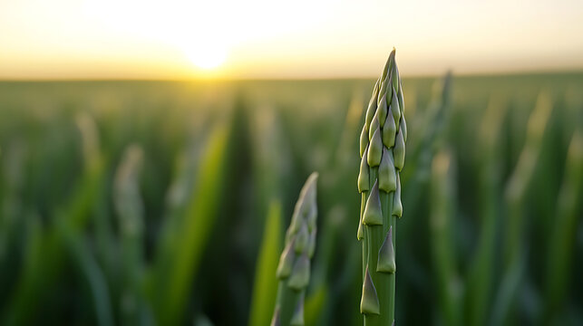 Verdant asparagus spears reach for the sunlit sky, a vibrant herald of nature's bounty, promising fresh flavors and healthy meals, a green dream under the sunrise.