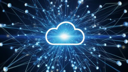 A glowing cloud icon at the center of a radiating digital network, symbolizing cloud computing and global data connectivity.