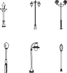 Vintage street lamp light posts set, old street lamp posts, sidewalk lantern, vector	