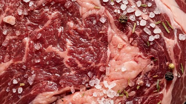 Raw marbled ribeye steak covered with coarse sea salt crystals, rosemary, and peppercorns, ready for grilling or pan-frying to create a delicious meal