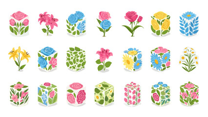 Collection of colorful floral arrangements in hexagonal and cubic containers