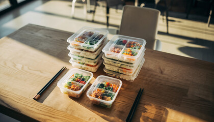 Neatly stacked and portioned meal prep containers with healthy, balanced food on a wooden table, illuminated by natural light.