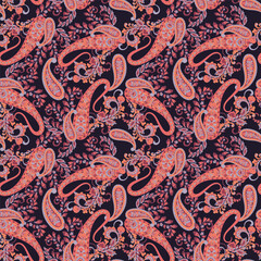 Floral seamless pattern with paisley ornament. Vector illustration in asian textile style