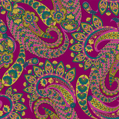 Paisley seamless vector pattern with fantastic flowers and leaves. Bohemian textile print inspired by batik. Vintage style
