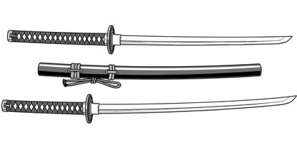 Japanese katana sword with scabbard and unsheathed blade illustration
