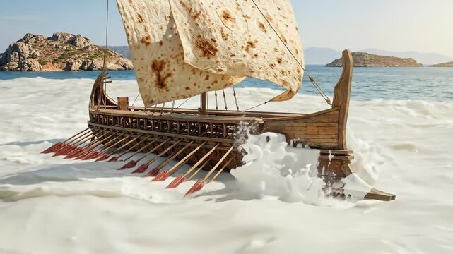Ancient greek-style trireme ship with pita bread sails navigating a surreal sea of whipped yogurt, creating a whimsical and unexpected blend of history and food fantasy