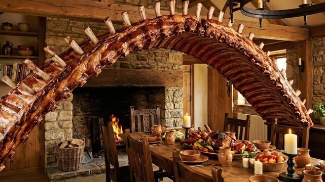 Giant roasted beef ribs creating a surreal arch in a rustic, medieval-style dining room, with a long wooden table set for a feast including various foods and a warm fireplace