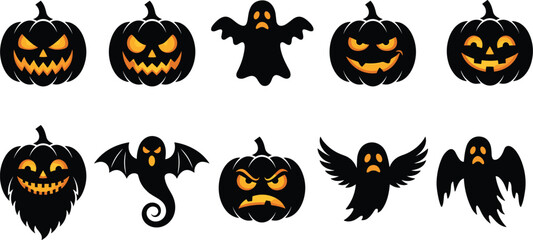 Halloween, spooky, ghost, pumpkin, jack-o'-lantern, vector, illustration, silhouette, scary, festive, decoration, orange, black, creepy, design, holiday, emotive, expression, wings, torn