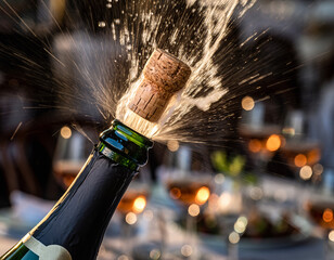 Captivating image of a sparkling wine cork bursting from its bottle, releasing an exhilarating spray of golden liquid. A dynamic symbol of success, achievement, and joyous celebration.