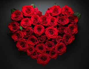Heart-shaped arrangement of deep red roses, set against a dark backdrop, suggesting romance and floral beauty