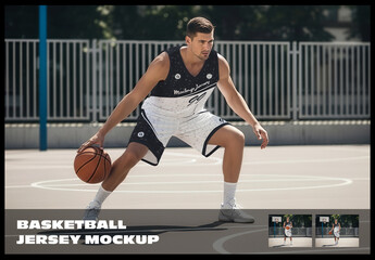 Basketball Jersey Mockup European Male Model on an Outdoor Court, Front and back view