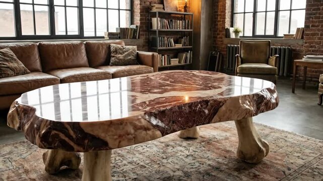 Contemporary loft living room presenting a unique coffee table featuring a polished stone top resembling raw meat and legs shaped like animal bones, adding a surreal touch to the industrial interior