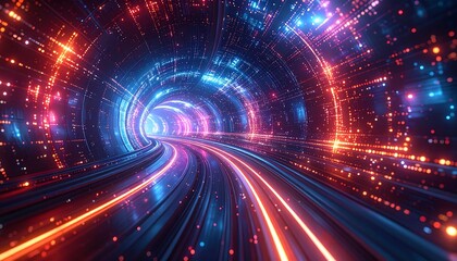 Hyperspace tunnel of digital light streaks in vibrant, hot and cold colors, leading into a glowing abyss