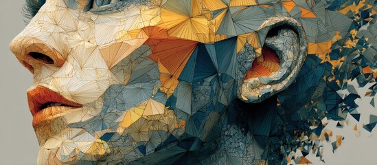 A fragmented face profile is formed with geometric shapes and color