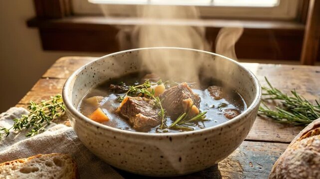 Hearty beef stew simmering with chunks of meat, potatoes, carrots, and thyme, served in a ceramic bowl on a rustic wooden table with fresh rosemary and a slice of bread, evoking comfort food