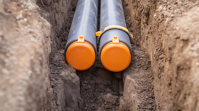 Two gray pipes with orange caps lie in a trench in the ground, surrounded by earth. The close-up view highlights infrastructure and ground conditions. #plumbing #construction