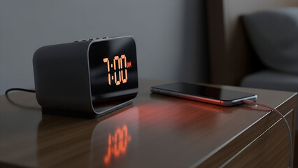 Digital alarm clock displaying time next to smartphone on bedside table