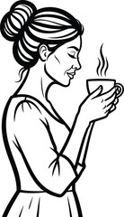 Serene woman with a bun hairstyle in profile holding a steaming cup of coffee.