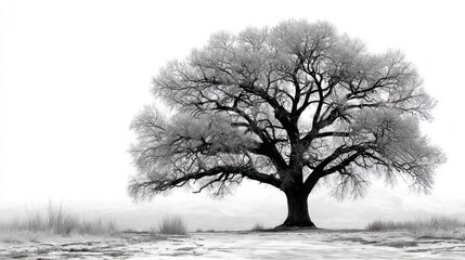 A solitary tree, black and white, against a foggy, minimalist landscape
