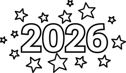 Simple black outline illustration of the year 2026 with a burst of various sized stars.