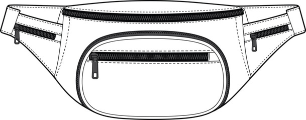 Outline drawing of belt bag with small utility pouch, wide adjustable strap fanny pack vector sketch, casual waist accessory illustration, technical line art mockup