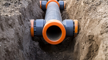 A gray PVC pipe with orange ends sits in a deep trench dug in the brown earth, ready for connection. The installation phase of underground infrastructure.