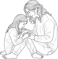 Tender line art of a loving mother with wavy hair comforting her young daughter in a quiet prayerful pose.