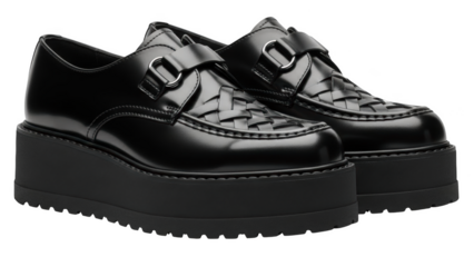 Black leather woven platform loafers with silver buckle detail black shoes leather shoes