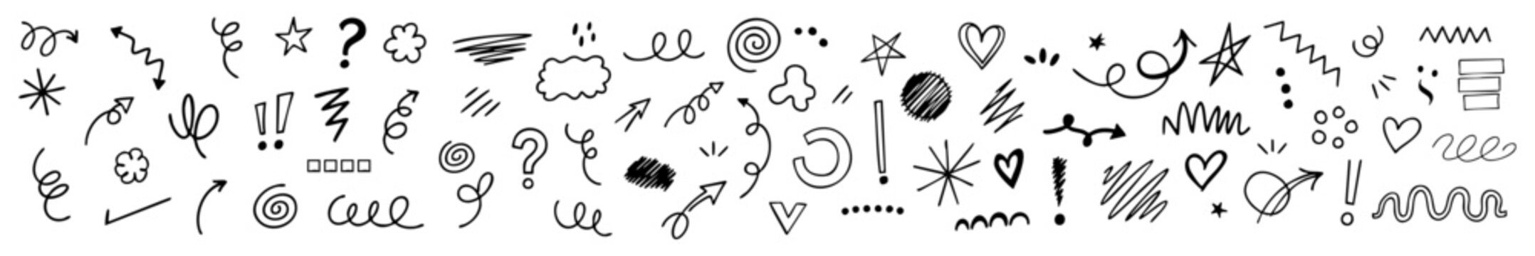 Hand-drawn doodle elements set, black ink sketch style on white background