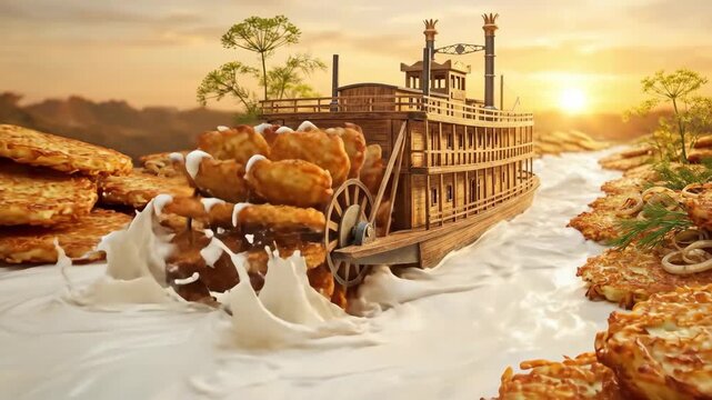 Steamboat, made of potato pancakes, navigating a river of sour cream, surrounded by latkes and dilly weed, symbolizing a surreal food art landscape at sunset