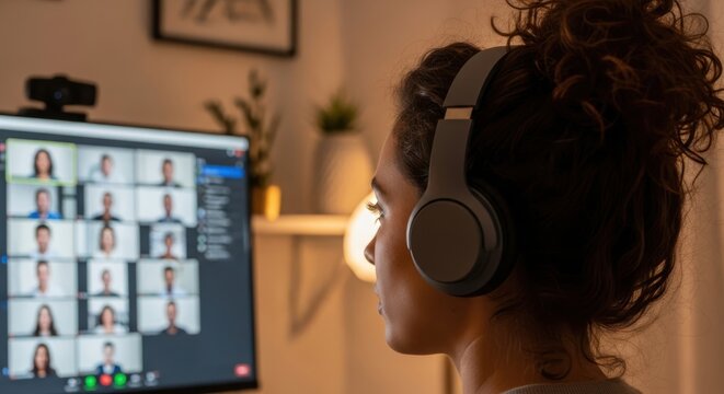 Student attends online class on computer screen with multiple participants participating remotely