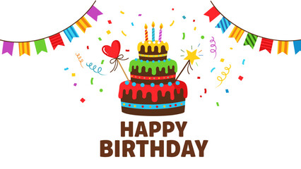 Colorful Birthday Cake Clipart with Candles and Confetti – Party Celebration Graphic