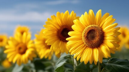 Bright Sunflowers in Bloom Against a Clear Blue Sky, Capturing the Beauty of Nature and the Joy of Summer in a Vibrant Field of Yellow Flowers