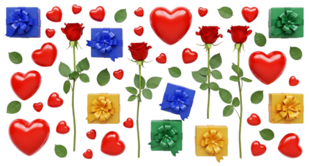 Seamless Pattern of Red Roses Gifts Hearts and Leaves Transparent Background